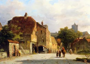Figures in a Dutch Town painting by Adrianus Eversen