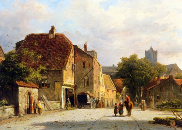 Main Product Photo of Figures in a Dutch Town Painting by Adrianus Eversen