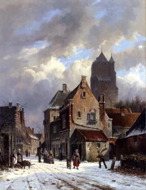 Figures In A Snowy Village Street by Adrianus Eversen - Oil Painting Reproduction