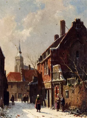 Figures In The Streets Of A Dutch Town In Winter by Adrianus Eversen Oil Painting