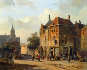 Figures in the Streets of a Dutch Town by Adrianus Eversen - Oil Painting Reproduction