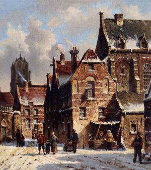 Figures In The Streets Of A Wintry Town by Adrianus Eversen Oil Painting