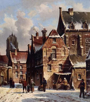 Figures In The Streets Of A Wintry Town by Adrianus Eversen - Oil Painting Reproduction
