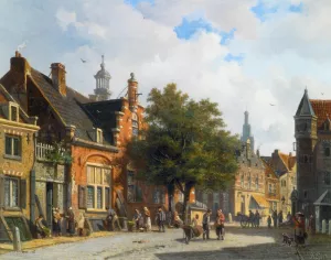 Figures in the Sunlit Streets of a Dutch Town by Adrianus Eversen Oil Painting