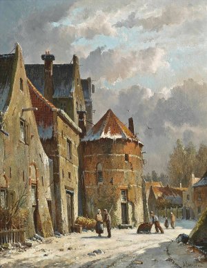 Figures On A Dutch Street, Winter by Adrianus Eversen Oil Painting