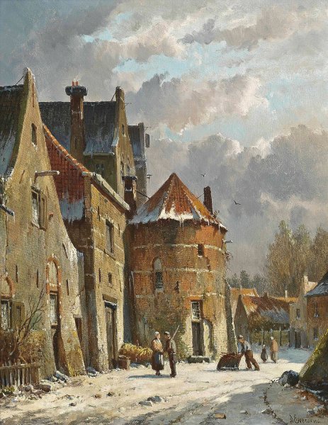Figures On A Dutch Street, Winter by Adrianus Eversen - Hand-Painted Oil Painting Reproduction