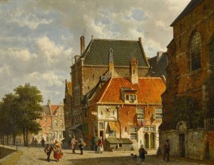 Figures on a Sunlit Street by Adrianus Eversen Oil Painting