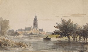 Gezicht op een stadje, gezien van over een rivier by Adrianus Eversen Oil Painting