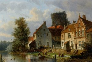 Many Figures in a Waterfront Town by Adrianus Eversen Oil Painting