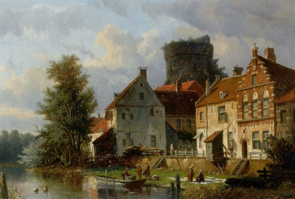 Many Figures in a Waterfront Town by Adrianus Eversen - Hand-Painted Oil Painting Reproduction