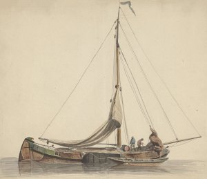 Twee mannen werkend op een platbodem met gestreken zeilen by Adrianus Eversen Oil Painting
