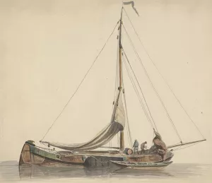 Twee mannen werkend op een platbodem met gestreken zeilen Oil painting by Adrianus Eversen