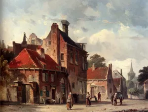 View of a Town With Figures in a Sunlit Street painting by Adrianus Eversen