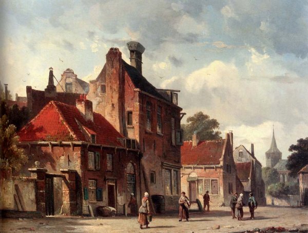 View of a Town With Figures in a Sunlit Street