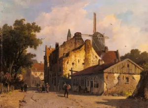 Village Scene with a Windmill painting by Adrianus Eversen