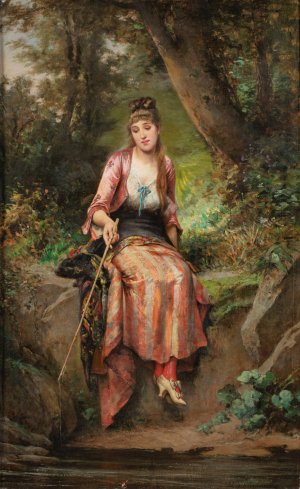 A young woman fishing by Adrien De Boucherville Oil Painting