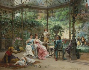 The attentive guests by Adrien De Boucherville Oil Painting