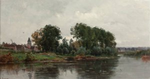 A Village on the River by Adrien Jacques Sauzay Oil Painting