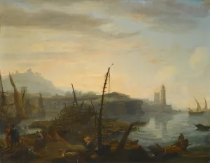 A Mediterranean Port With Figures Resting And Fishermen Drawing In Their Nets In The Foreground, A Tower Beyond Oil painting by Adrien Manglard