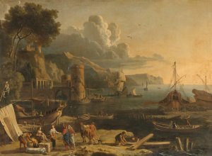 Mediterranean Port Scene by Adrien Manglard Oil Painting