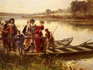 At The Ferry by Adrien Moreau - Oil Painting Reproduction