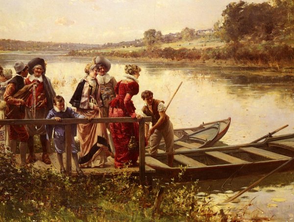 Main Product Photo of At The Ferry Painting by Adrien Moreau