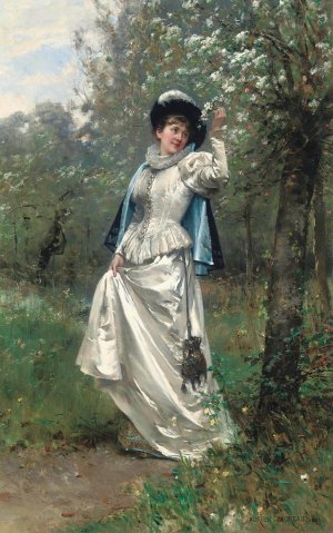 Beneath the cherry blossom by Adrien Moreau Oil Painting