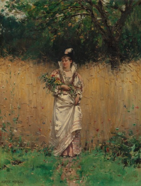 Gathering Wild Flowers by Adrien Moreau - Hand-Painted Oil Painting Reproduction