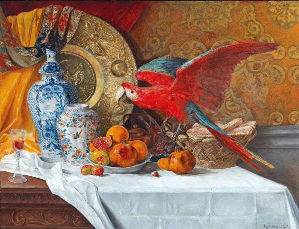 Groses Stillleben Mit Papagei  by Adrien Moreau - Hand-Painted Oil Painting Reproduction