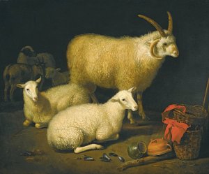 A barn interior with a four-horned ram and four ewes, and a goat, with a still life of a basket and upturned pots to the right by Aelbert Cuyp Oil Painting
