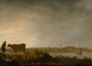 A View of Vianen with a Herdsman and Cattle by a River by Aelbert Cuyp Oil Painting