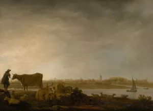 A View of Vianen with a Herdsman and Cattle by a River by Aelbert Cuyp Oil Painting