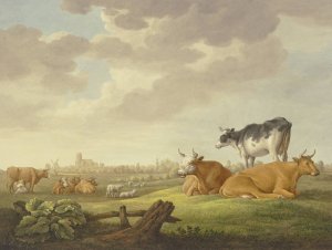 Auf einer Wiese Kuhe und Schafe, in der Ferne eine Stadt, links eine Melkerin by Aelbert Cuyp Oil Painting