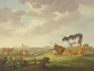 Auf einer Wiese Kuhe und Schafe, in der Ferne eine Stadt, links eine Melkerin by Aelbert Cuyp Oil Painting