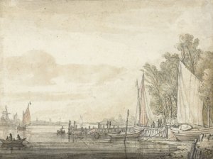 Boten bij een steiger in een rivier by Aelbert Cuyp Oil Painting