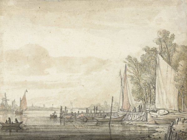 Main Product Photo of Boten bij een steiger in een rivier  Painting by Aelbert Cuyp