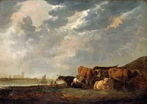 Cattle near the Maas, with Dordrecht in the distance by Aelbert Cuyp Oil Painting