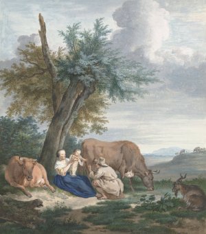 Boerin en boer met kind in een landschap met vee by Aert Schouman Oil Painting