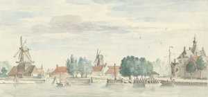 Gezicht op Dordrecht met de Rietdijkspoort en windmolens Oil painting by Aert Schouman