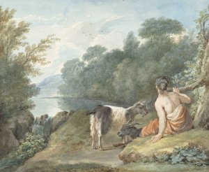 Herderin met geiten in een landschap met een meer Oil painting by Aert Schouman