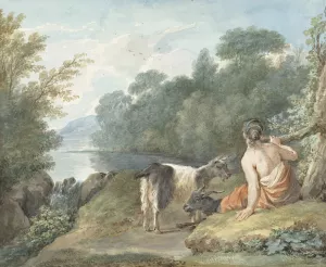 Herderin met geiten in een landschap met een meer Oil painting by Aert Schouman