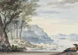 Rivierlandschap met op de voorgrond een hoen Oil painting by Aert Schouman