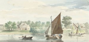 Zeilend schip op de Beneden Merwede bij de Papendrechtse dijk Oil painting by Aert Schouman