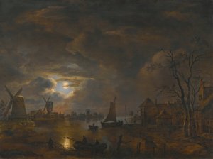 A Moonlight Landscape With Windmills Along The Banks Of A River by Aert Van Der Neer (Follower) Oil Painting