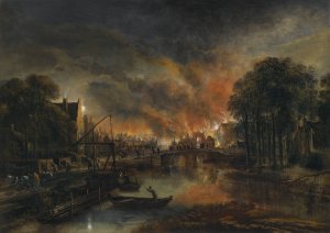 A Moonlit Landscape With A Burning Village by Aert Van Der Neer Oil Painting