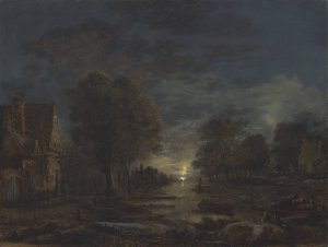A moonlit landscape, with an inn beside a river by Aert Van Der Neer Oil Painting
