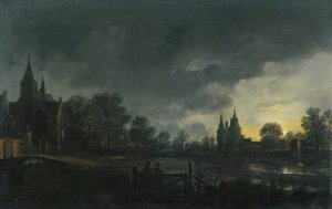 A Moonlit River Landscape With Figures Standing By A Gate, A Village Beyond by Aert Van Der Neer Oil Painting