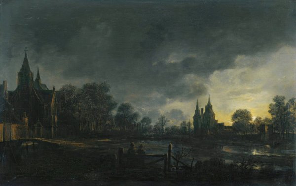 A Moonlit River Landscape With Figures Standing By A Gate, A Village Beyond by Aert Van Der Neer - Hand-Painted Oil Painting Reproduction