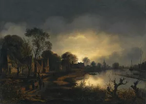 A River Landscape At Dusk With And Figures Walking Along A Path Towards A Village To The Left, A Church In The Distance by Aert Van Der Neer Oil Painting