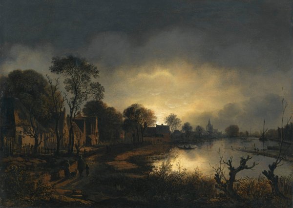 A River Landscape At Dusk With And Figures Walking Along A Path Towards A Village To The Left, A Church In The Distance by Aert Van Der Neer - Hand-Painted Oil Painting Reproduction